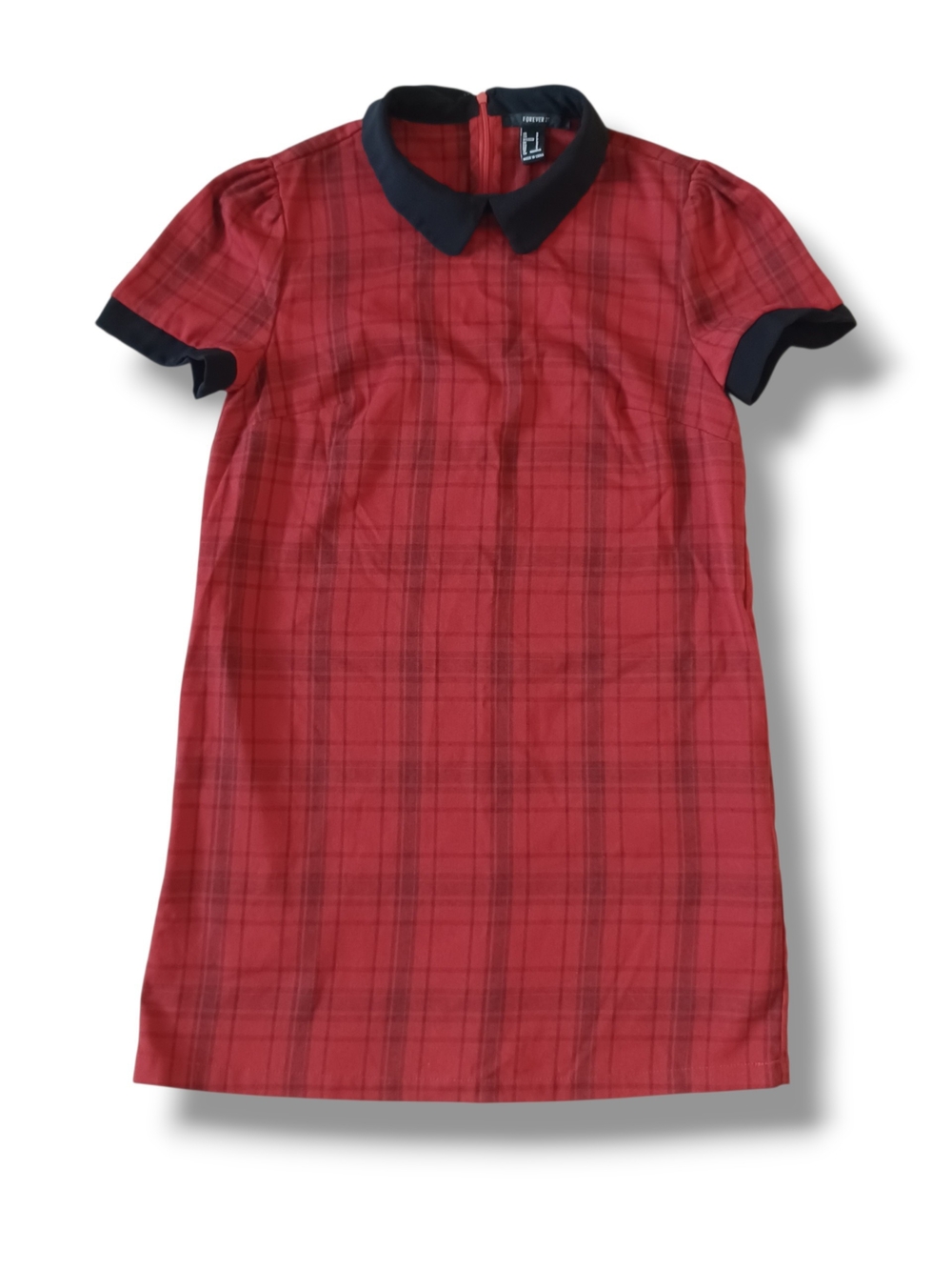 Forever 21 Womens Mini Shift Dress Red Plaid Black Collar Preppy Size S